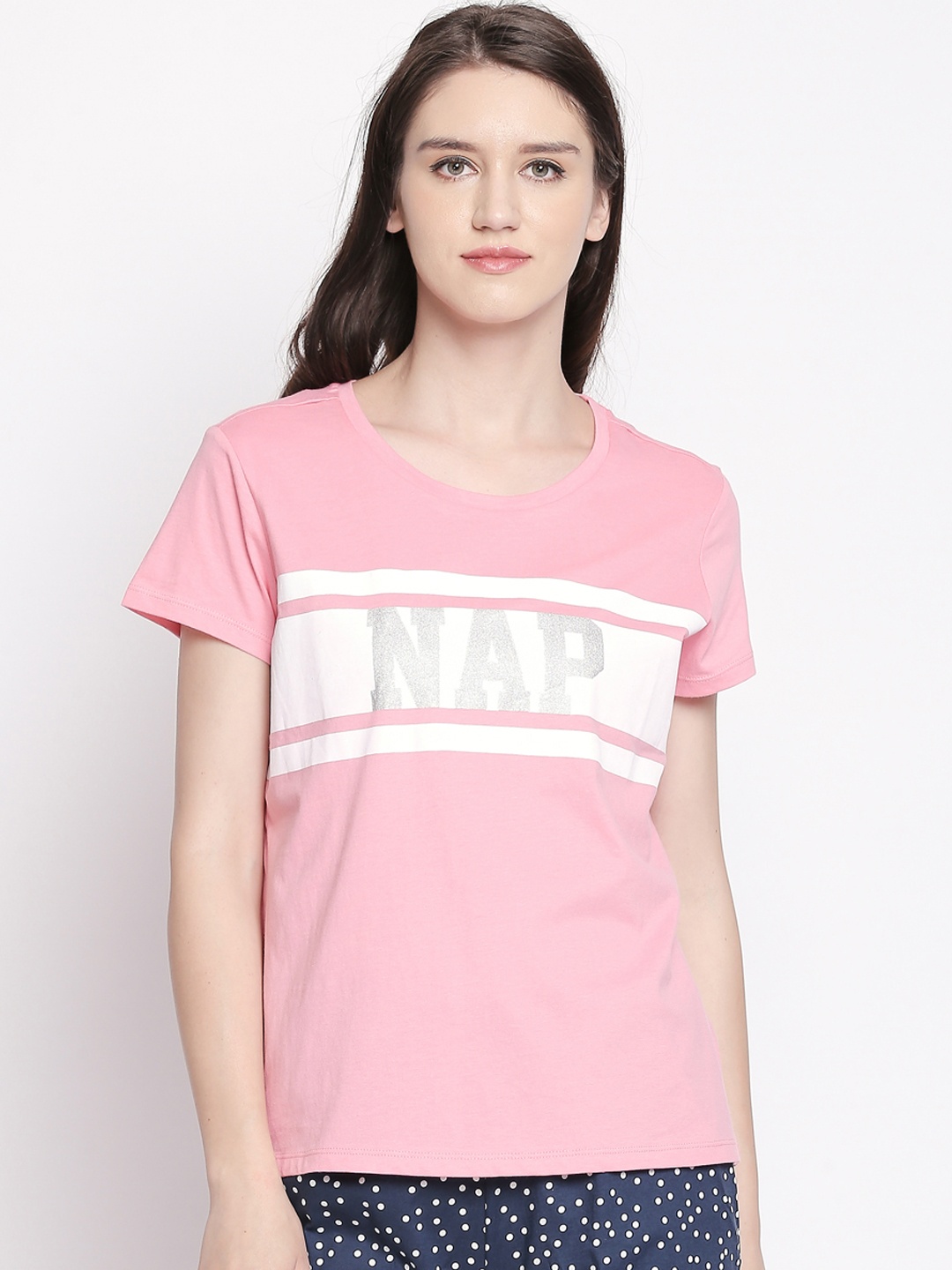 

Dreamz by Pantaloons Women Pink Printed Pure Cotton Lounge tshirt