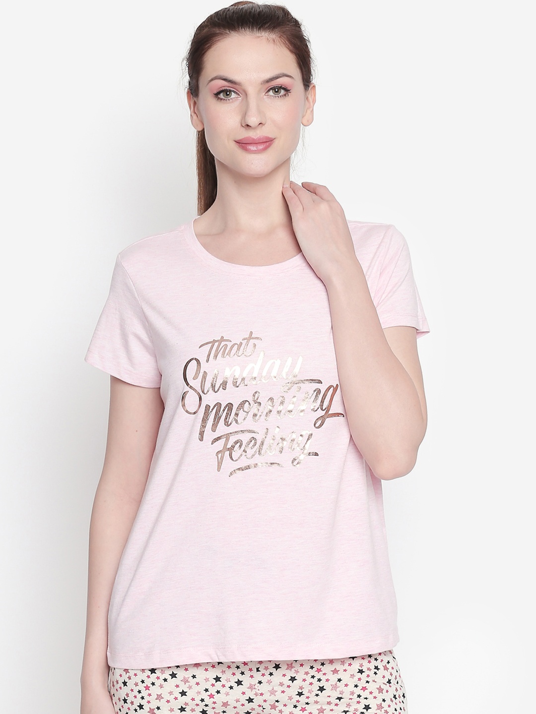 

Dreamz by Pantaloons Women Pink & Gold-Coloured Printed Lounge Tshirts