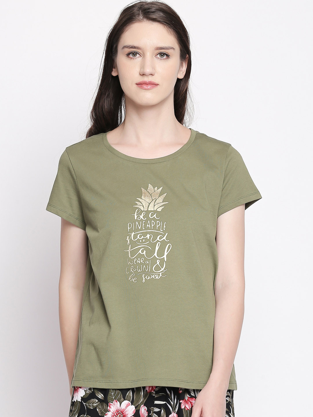 

Dreamz by Pantaloons Women Olive Green Printed Lounge tshirt