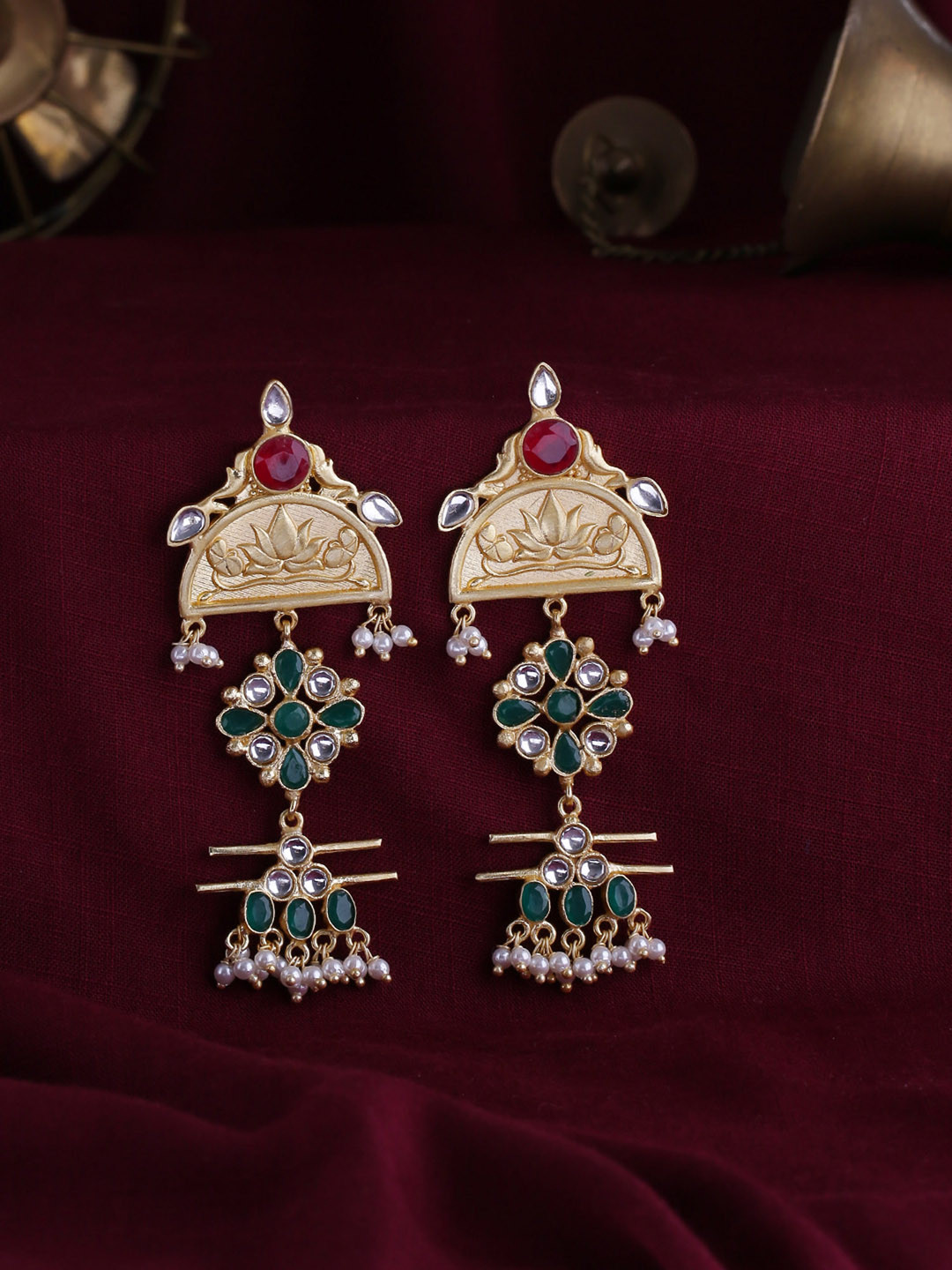 

Shoshaa Gold-Plated & Green Contemporary Tribal Drop Earrings