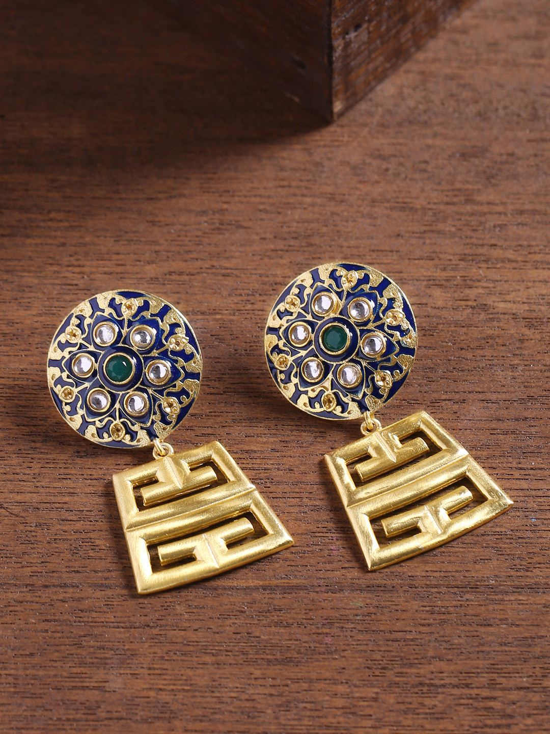 

Shoshaa Gold-Plated & Blue Enamelled Contemporary Drop Earrings