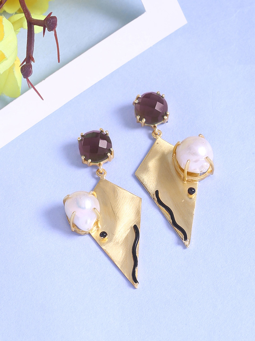 

Shoshaa Gold-Plated & Purple Amethyst Studded Contemporary Drop Earrings