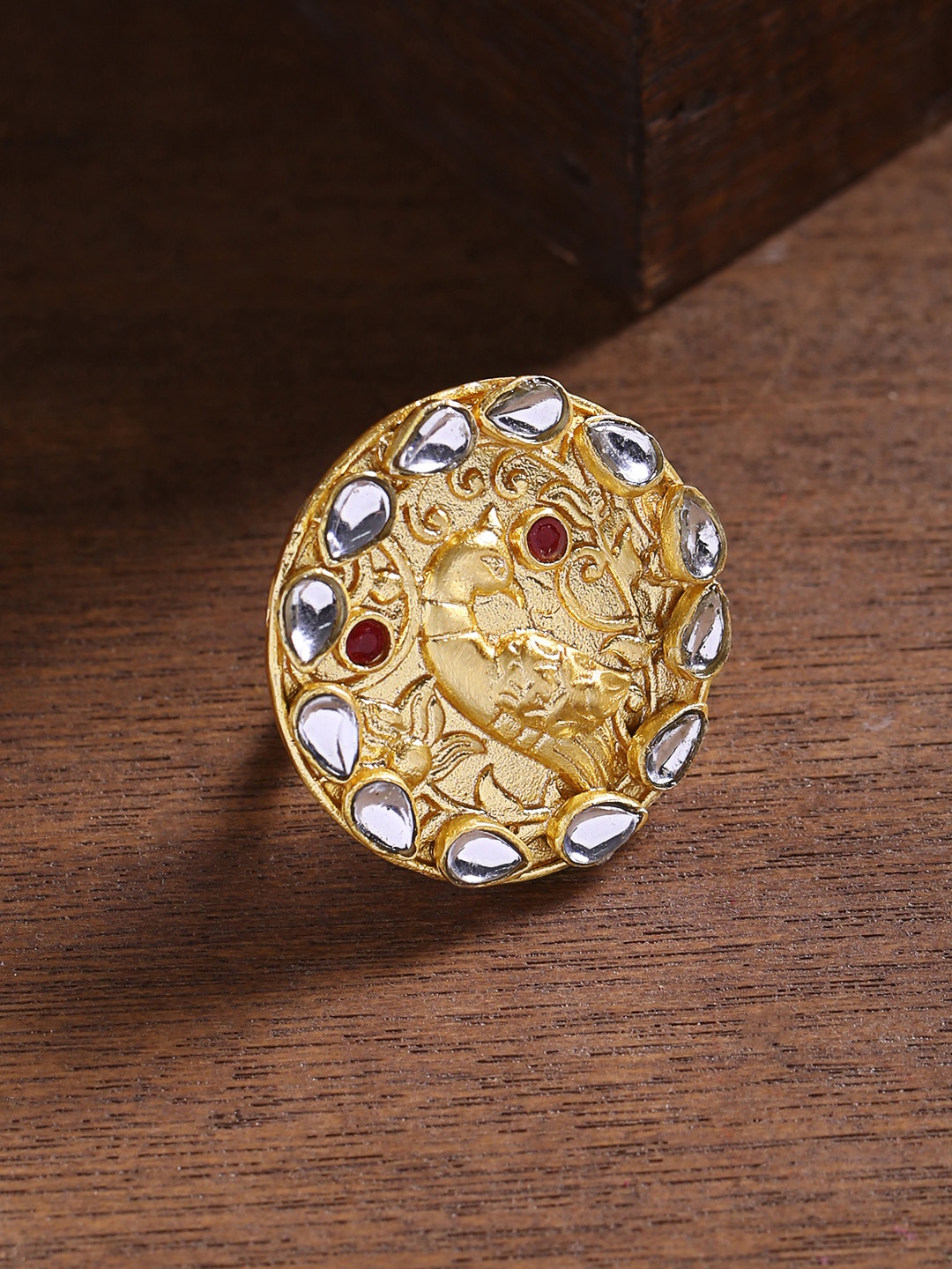 

Shoshaa Gold-Plated White & Red Kundan Studded Peacock Finger Ring