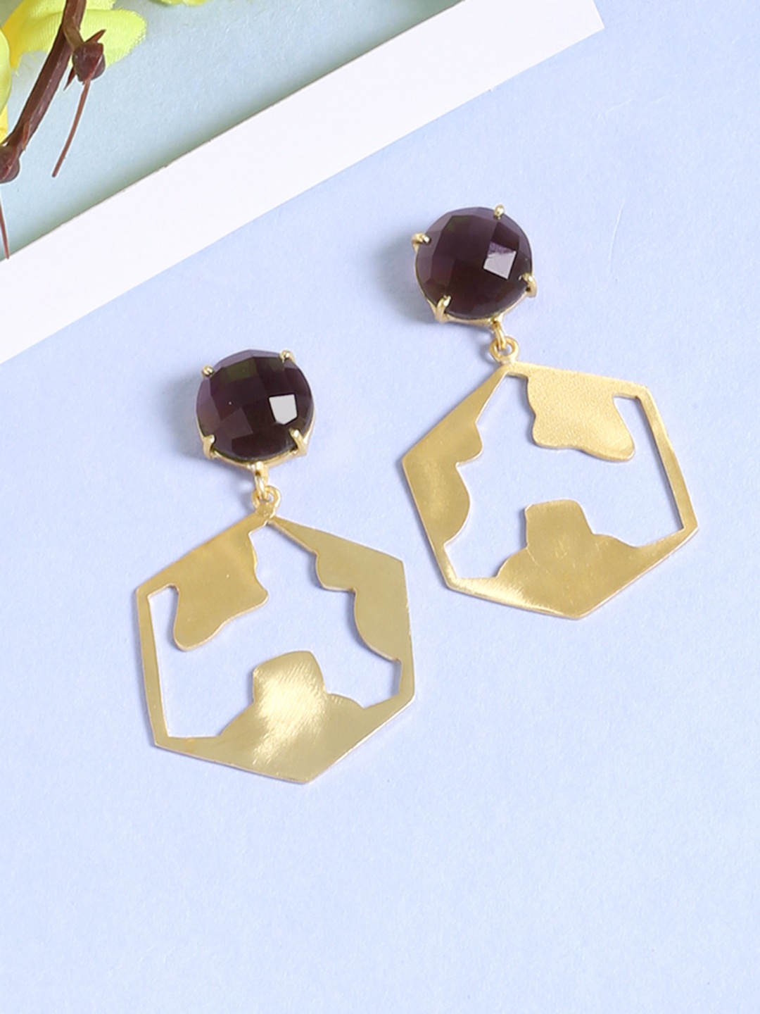 

Shoshaa Gold-Plated & Purple Geometric Amethyst Studded Drop Earrings