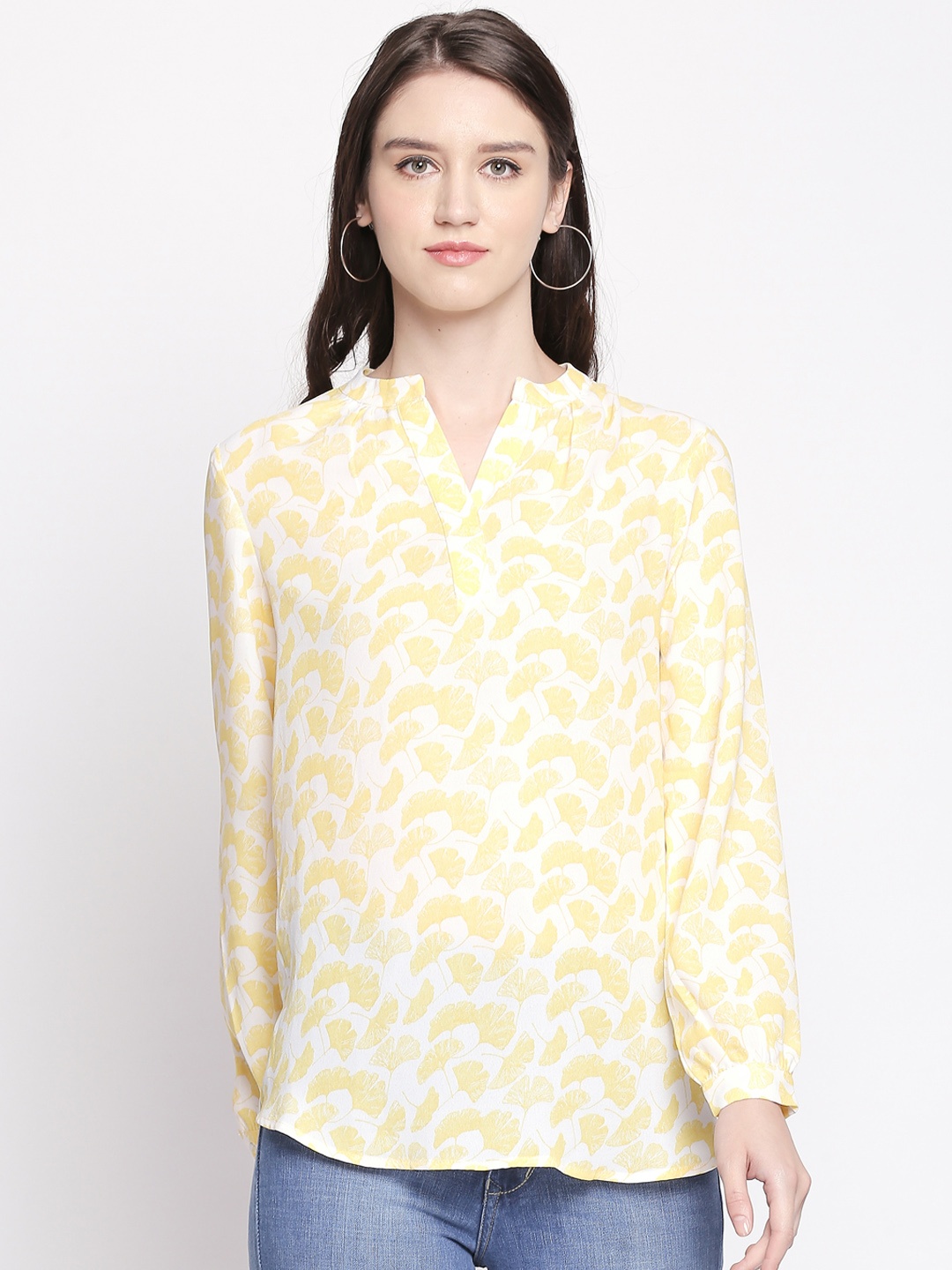 

Annabelle by Pantaloons Women Yellow & Off-White Printed Shirt Style Top