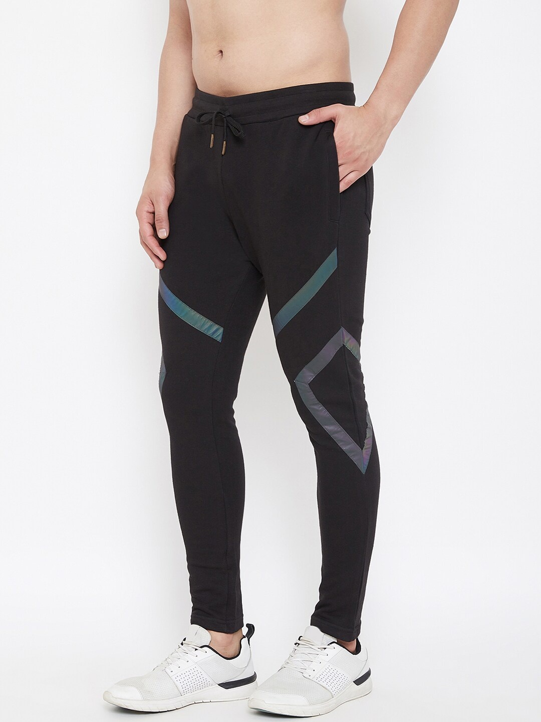 

FUGAZEE Men Black Printed Holographic Reflective Taped Slim-Fit Track Pants