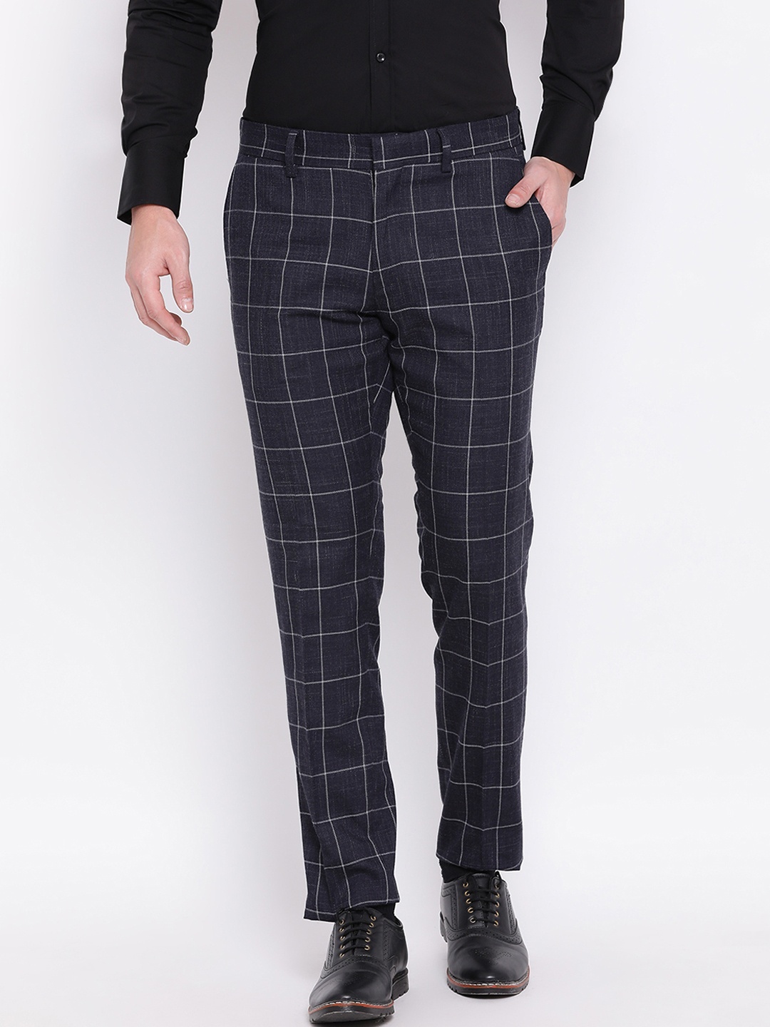 

Antony Morato Men Navy Blue & White Slim Fit Checked Formal Trousers