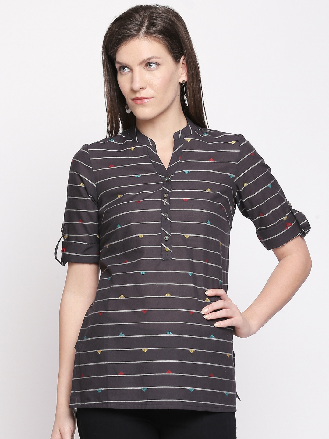 

AKKRITI BY PANTALOONS Women's Charcoal Grey & White Striped Pure Cotton Top