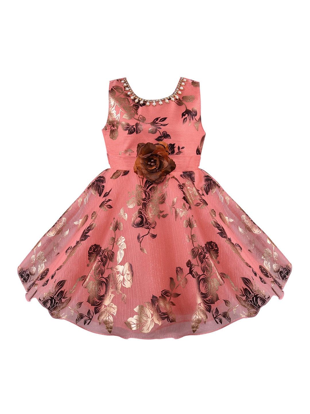 

Wish Karo Girls Coral Pink Printed Fit and Flare Dress