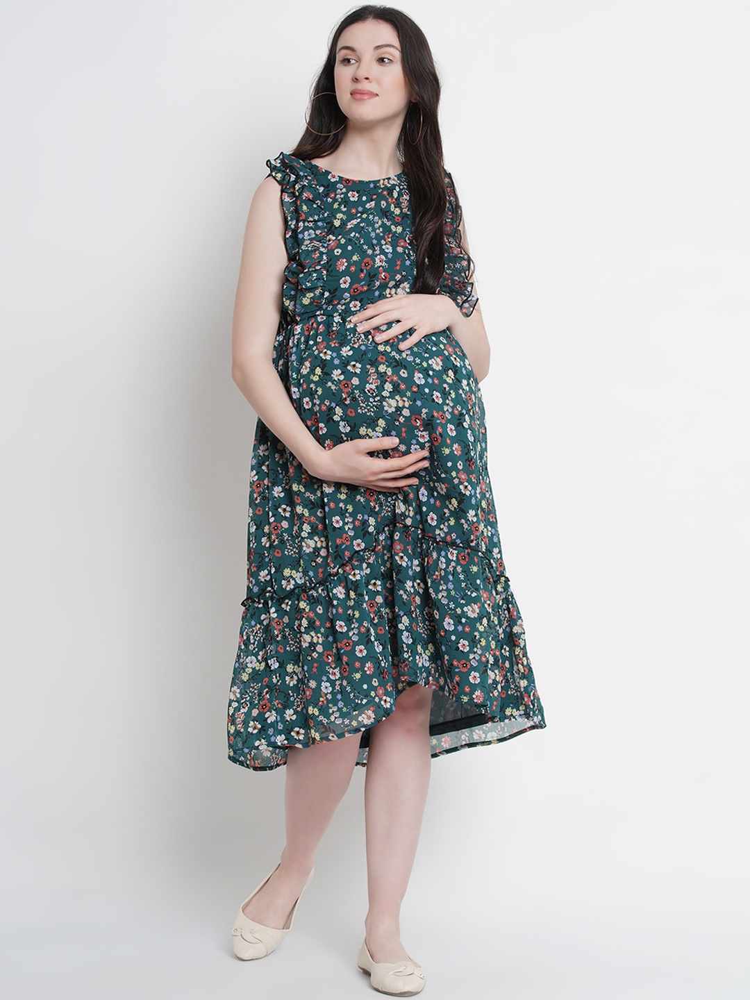 

Mine4Nine Women Green & Yellow Printed Fit and Flare Maternity Dress