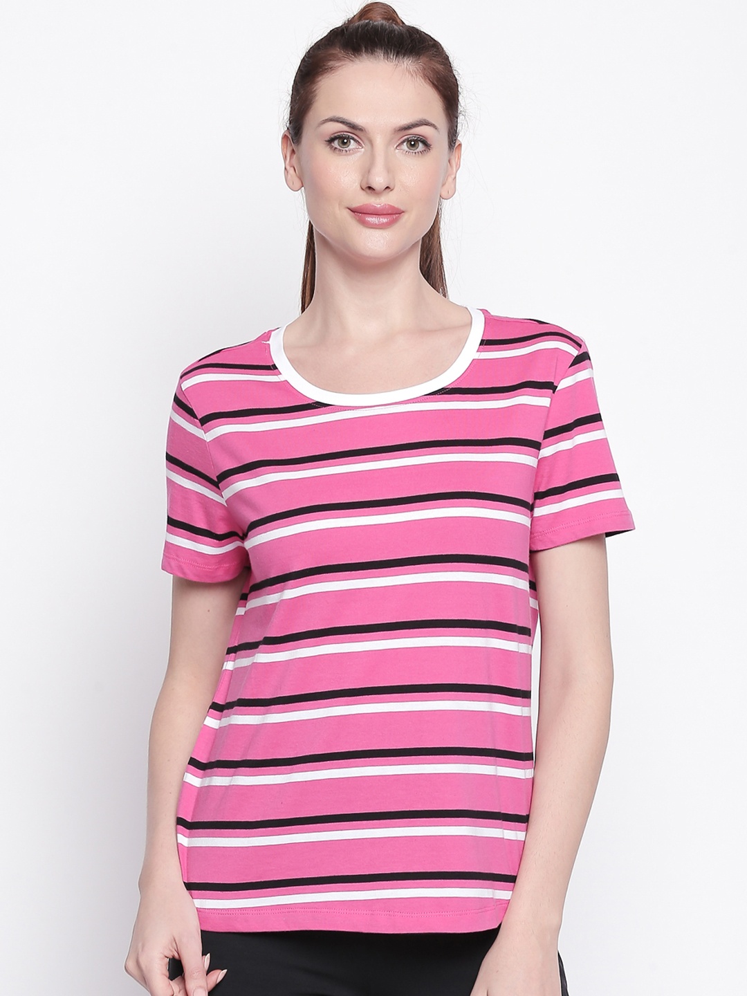 

Ajile by Pantaloons Women Pink & Black Striped Round Neck T-shirt