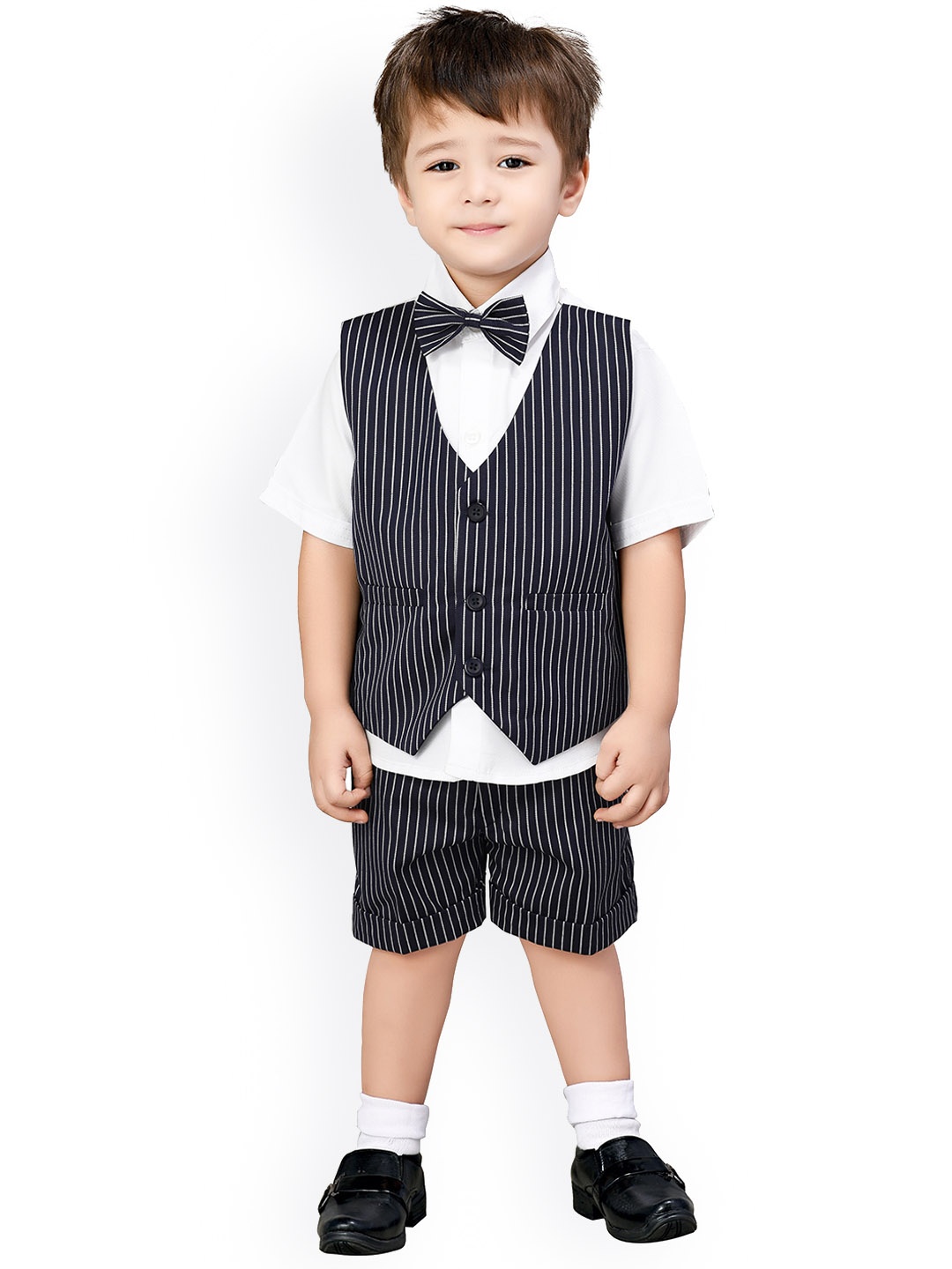 

Jeetethnics Boys Navy Blue & White Striped Shirt with Shorts & Waistcoat