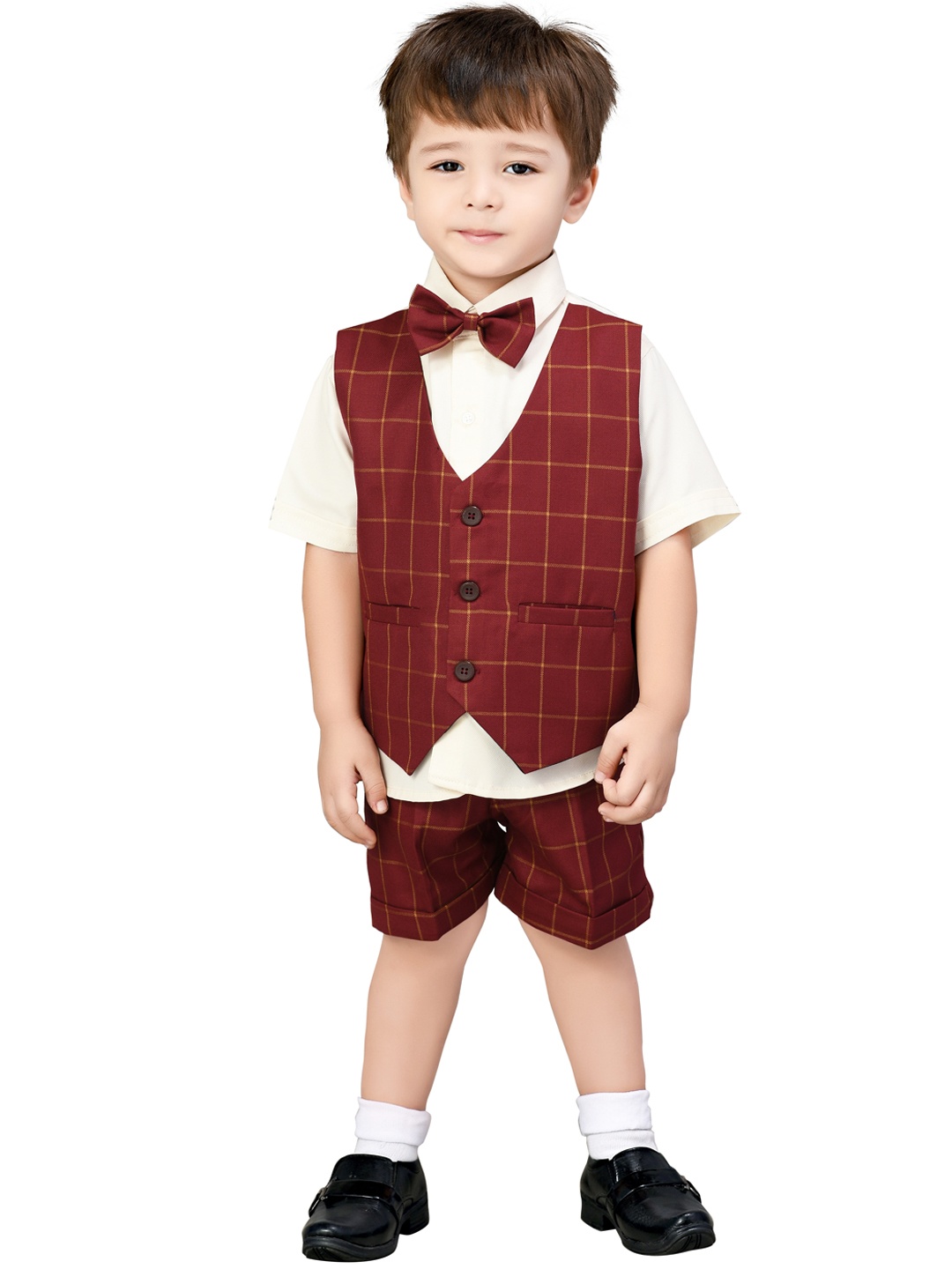 

Jeetethnics Boys Maroon Solid Shirt with Shorts & Waistcoat