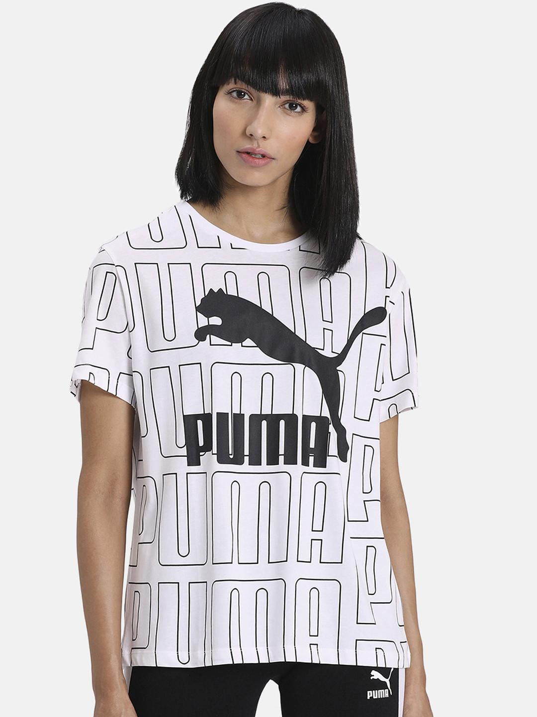 

Puma Women White & Black Printed Round Neck T-shirt