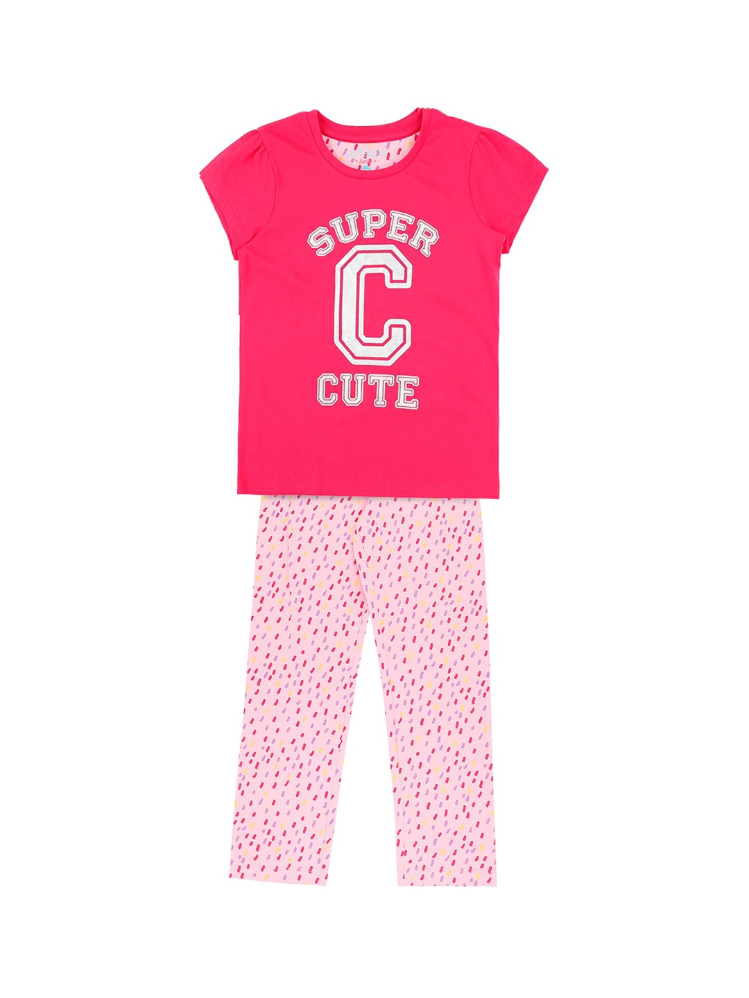 

Pantaloons Junior Girls Pink & White Printed Night suit