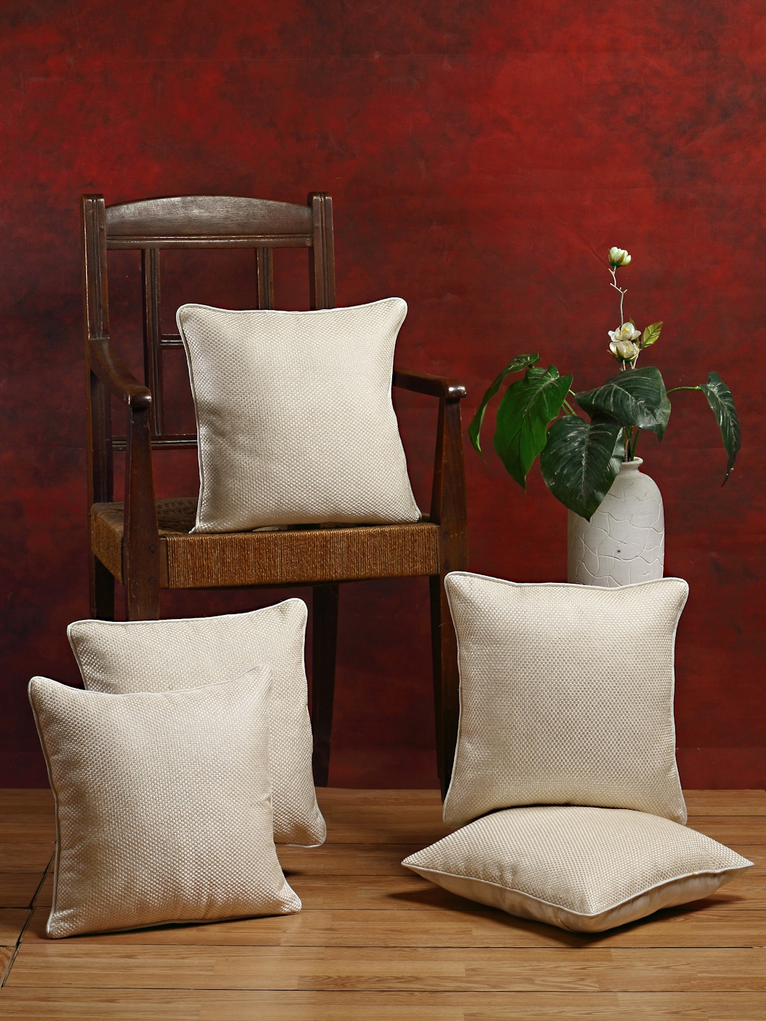 

DREAM WEAVERZ Off-White Set of 5 Textured Self Design Square Cushion Covers