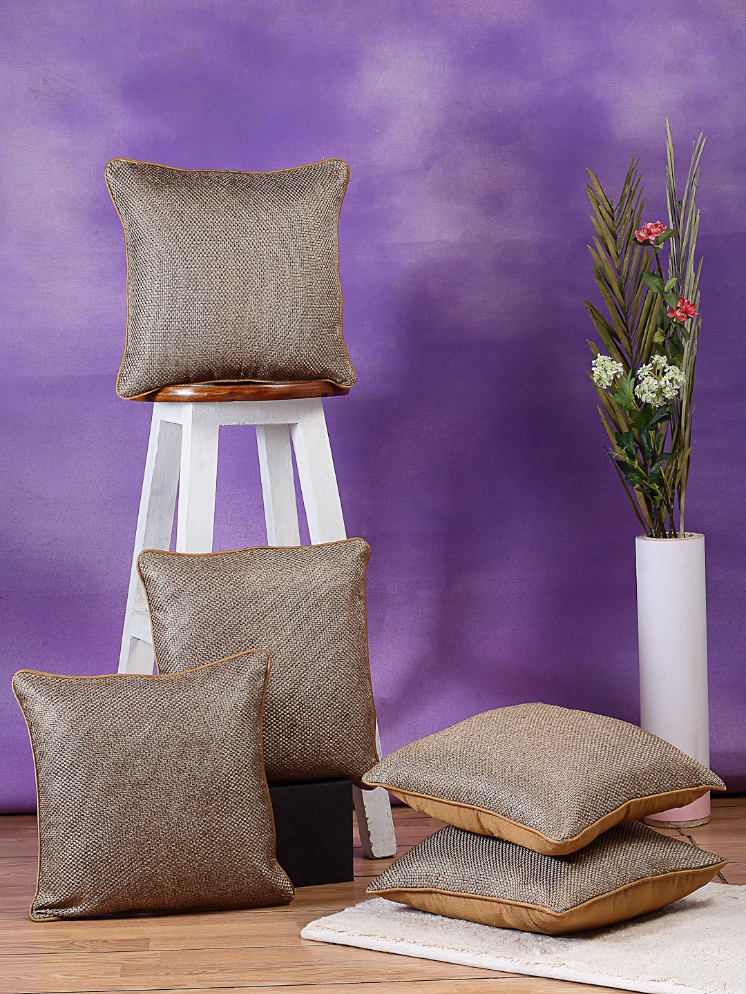 

DREAM WEAVERZ Set of 5 Coffee Brown Self Design Square Cushion Covers