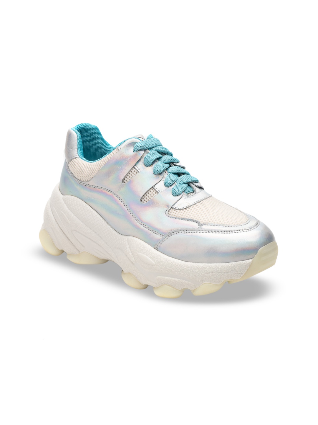 

Heel & Buckle London Women Silver-Coloured & Blue Woven Design Leather High-Top Sneakers