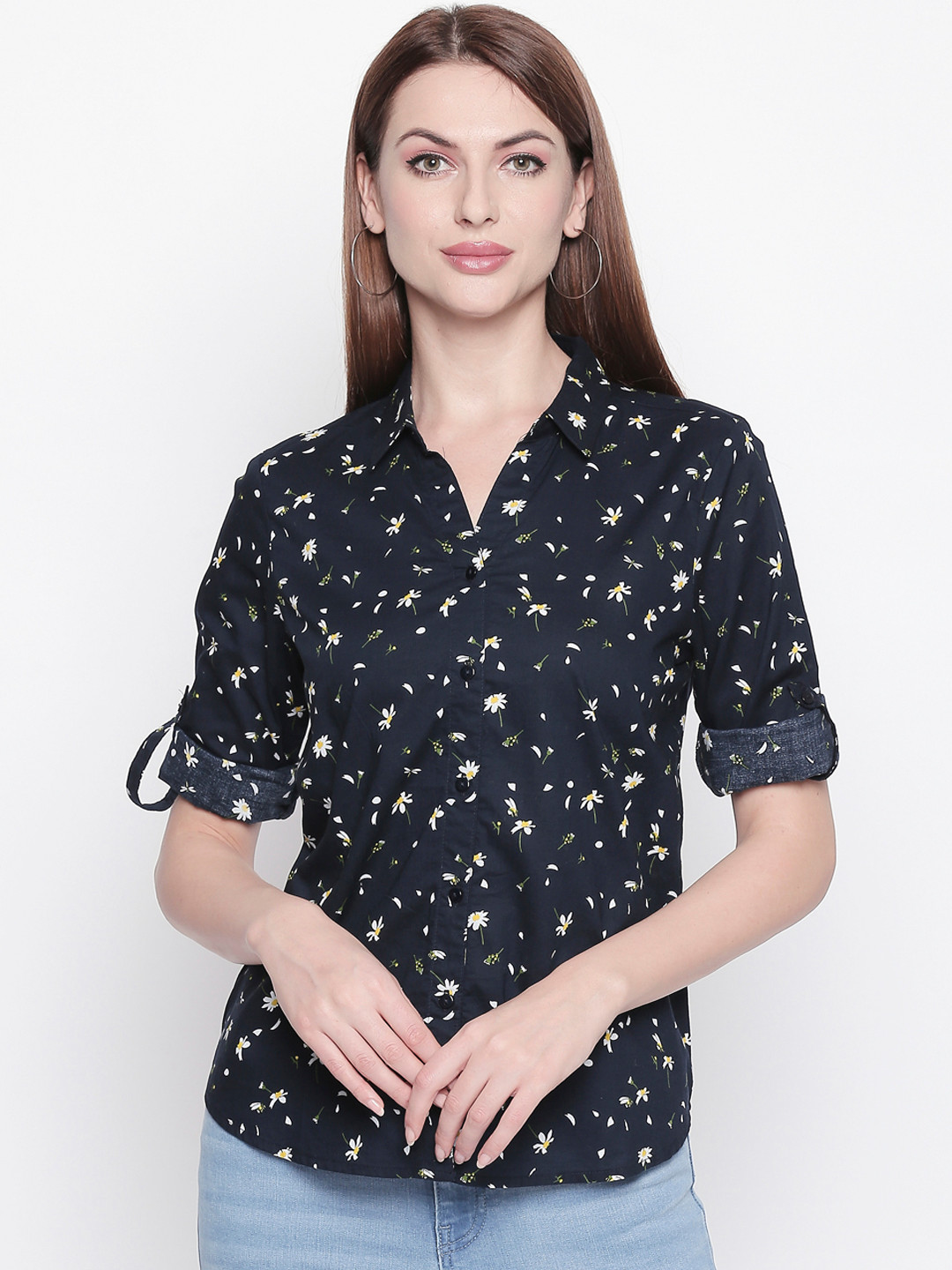 

Honey by Pantaloons Women Navy Blue Printed Shirt Style Pure Cotton Top