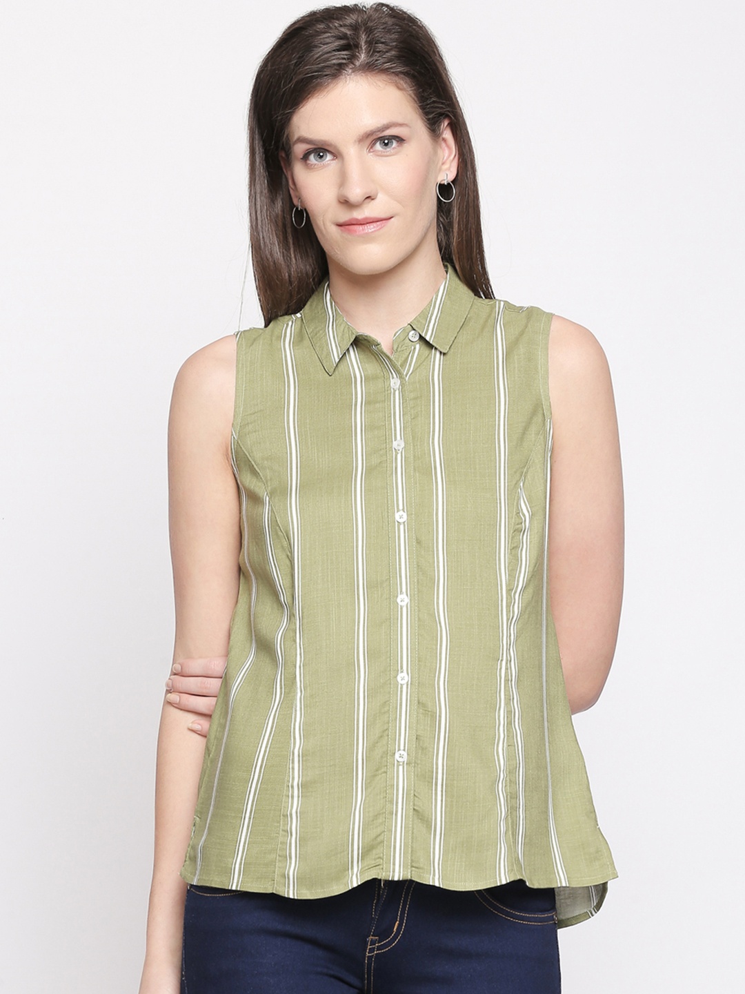 

Honey by Pantaloons Women Olive Green Striped Shirt Style Top