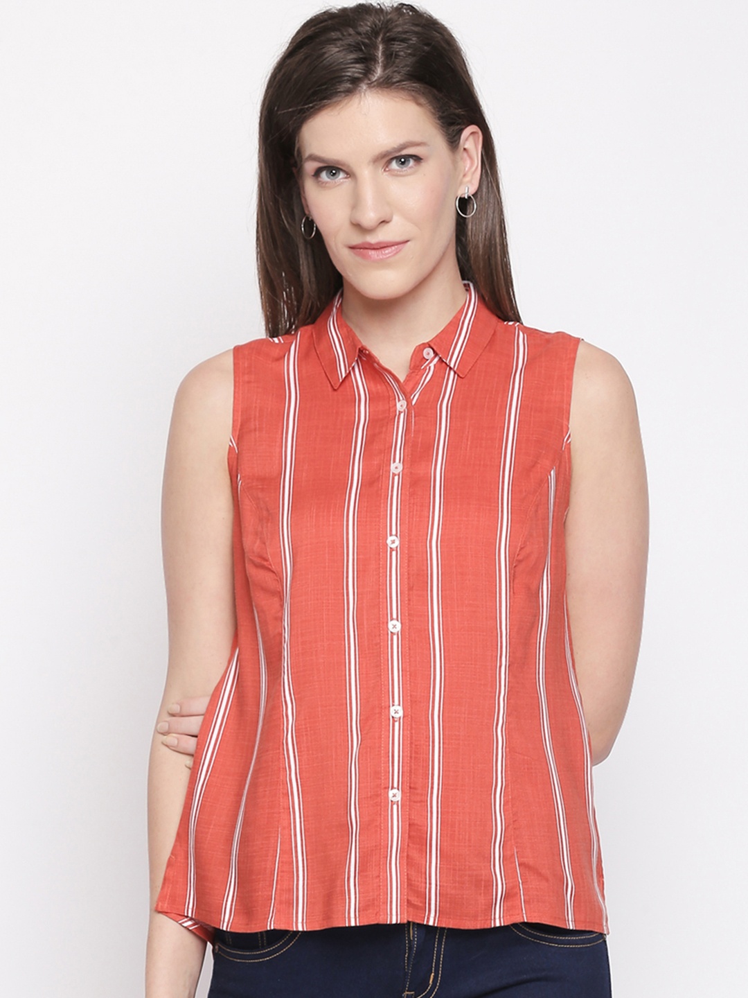 

Honey by Pantaloons Women Red Striped Shirt Style Top