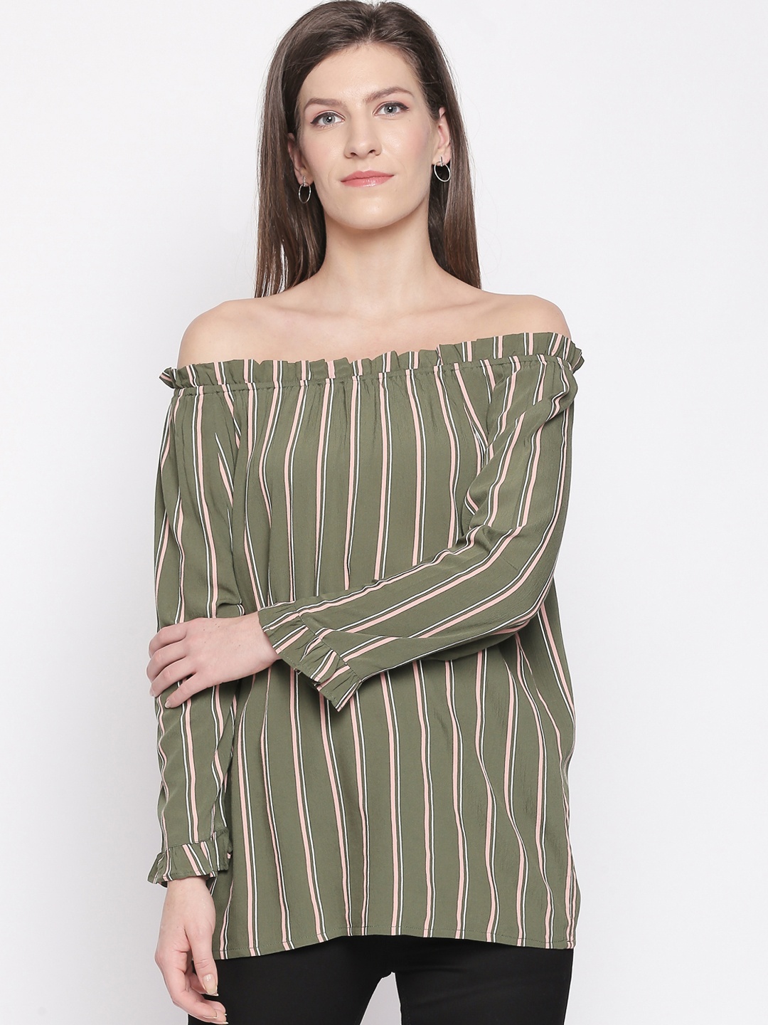 

Honey by Pantaloons Women Green Striped Bardot Top