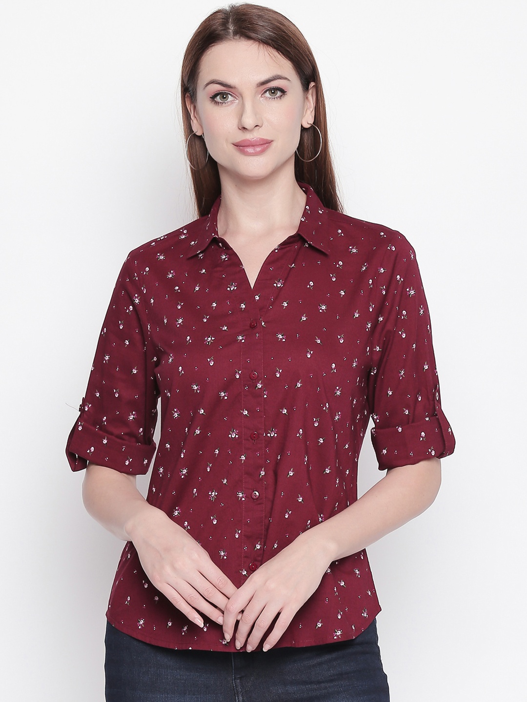 

Honey by Pantaloons Women Maroon Printed Shirt Style Pure Cotton Top