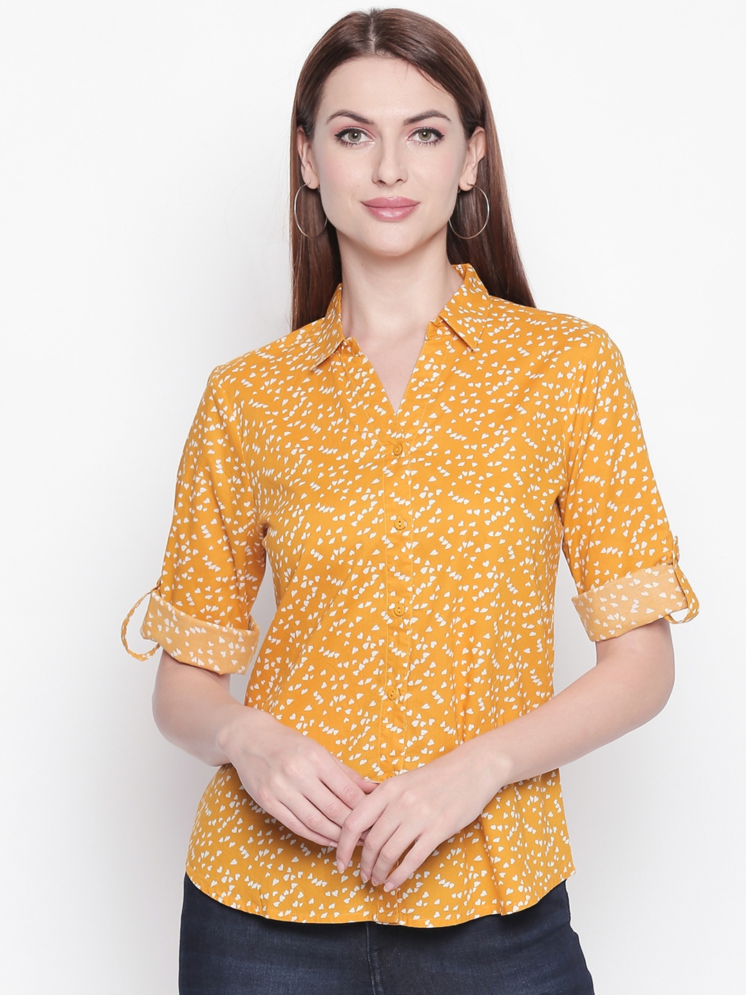 

Honey by Pantaloons Women Mustard Yellow Printed Shirt Style Pure Cotton Top