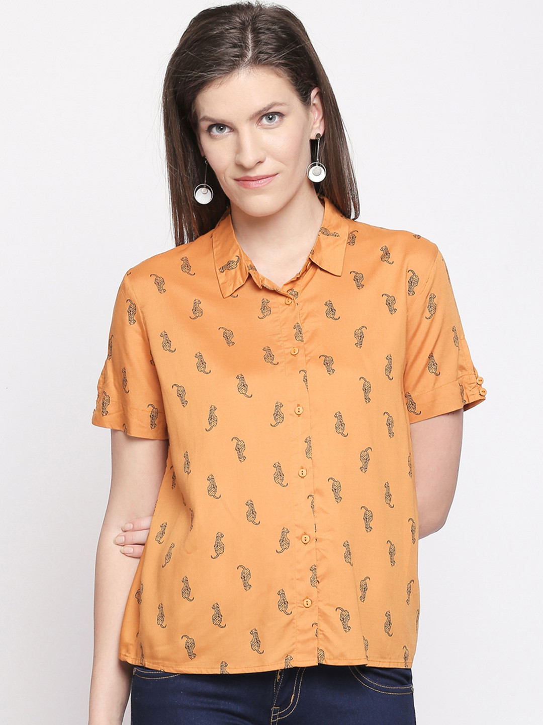 

Honey by Pantaloons Women Mustard Yellow Printed Shirt Style Top