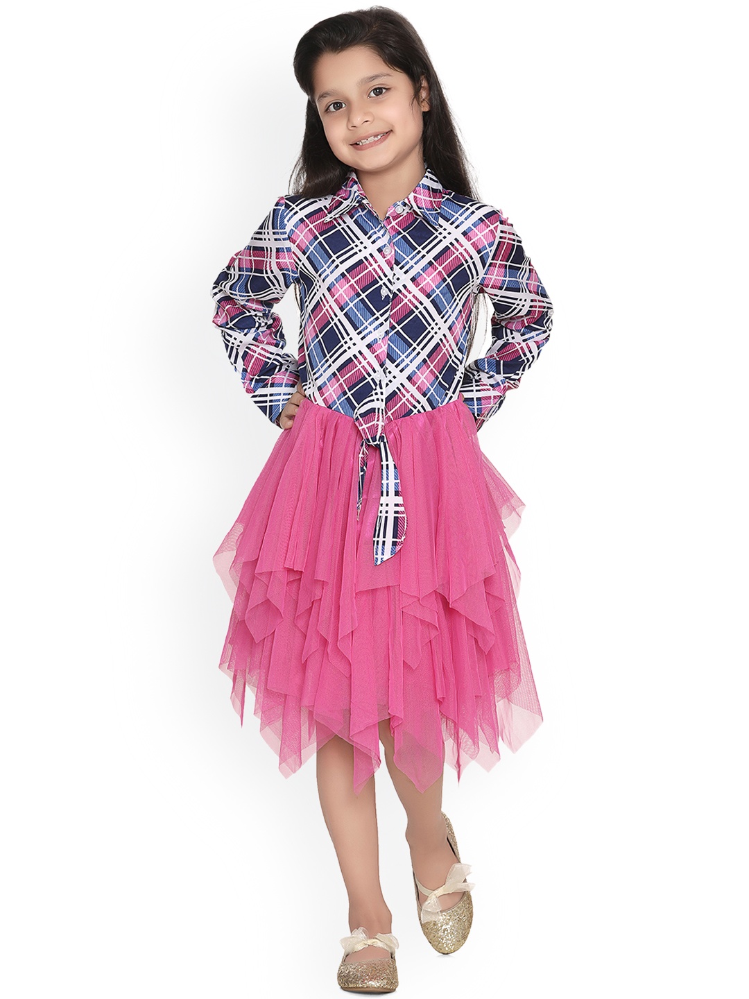 

StyleStone Girls Pink & Navy Blue Checked Fit and Flare Dress