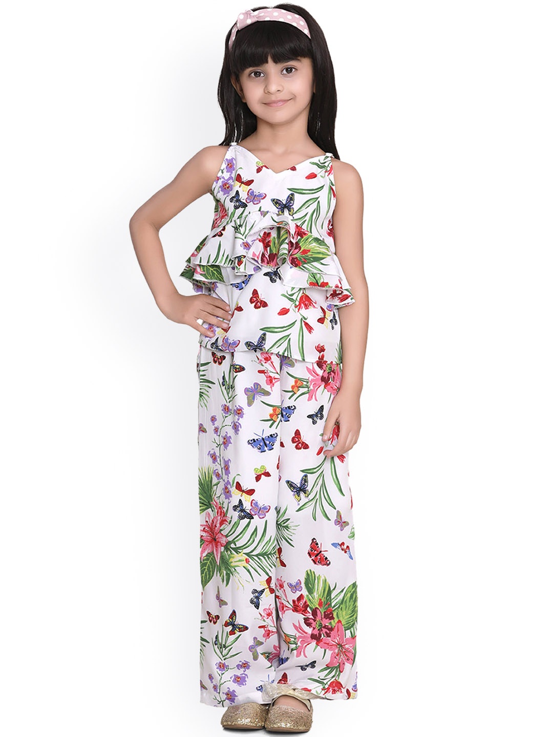 

StyleStone Girls White & Green Floral Printed Top with Palazzos