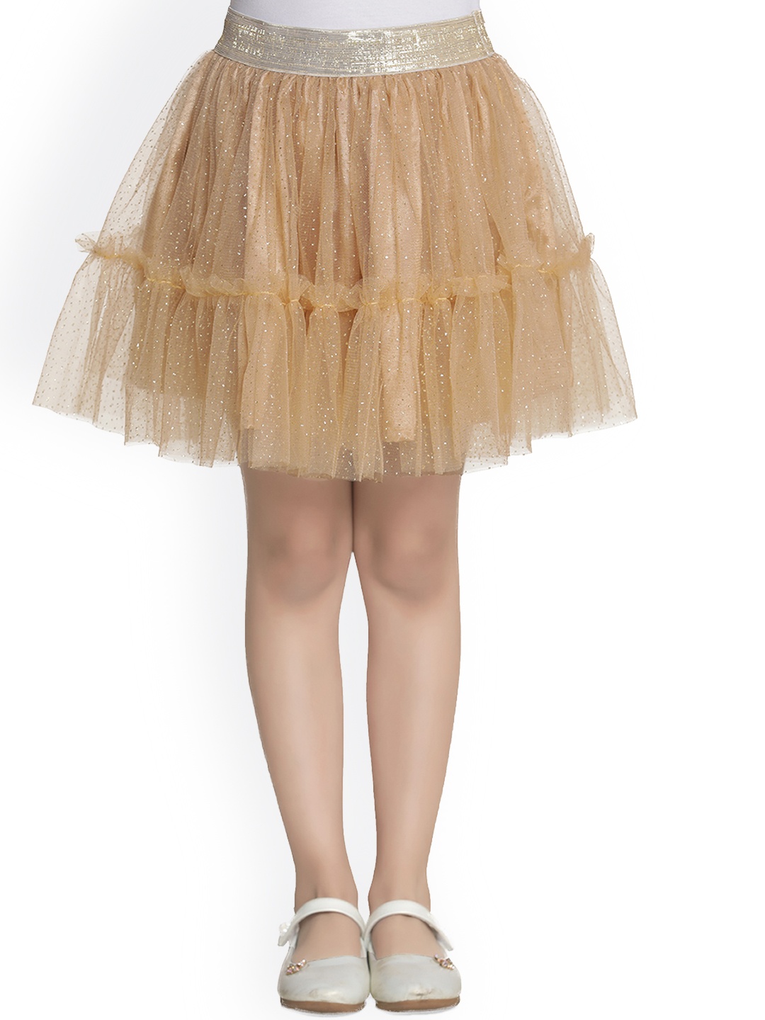 

StyleStone Girls Gold-Toned Embellished Net Flared Mini Skirt