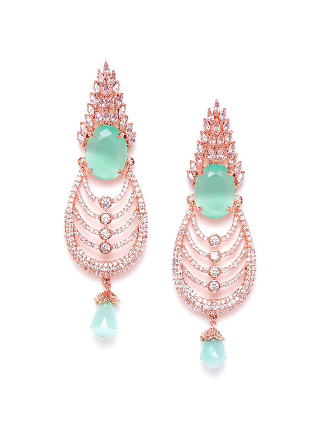 

JEWELS GEHNA Sea Green Rose Gold-Plated AD Stone-Studded Handcrafted Drop Earrings