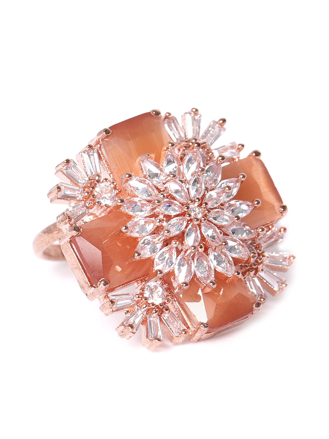 

JEWELS GEHNA Peach-Coloured Rose Gold-Plated CZ Studded Handcrafted Adjustable Finger Ring