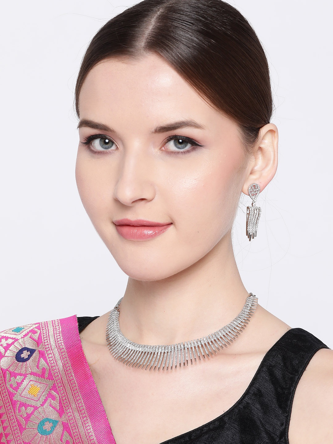 

JEWELS GEHNA Silver-Toned Rhodium-Plated AD-Studded Handcrafted Jewellery Set