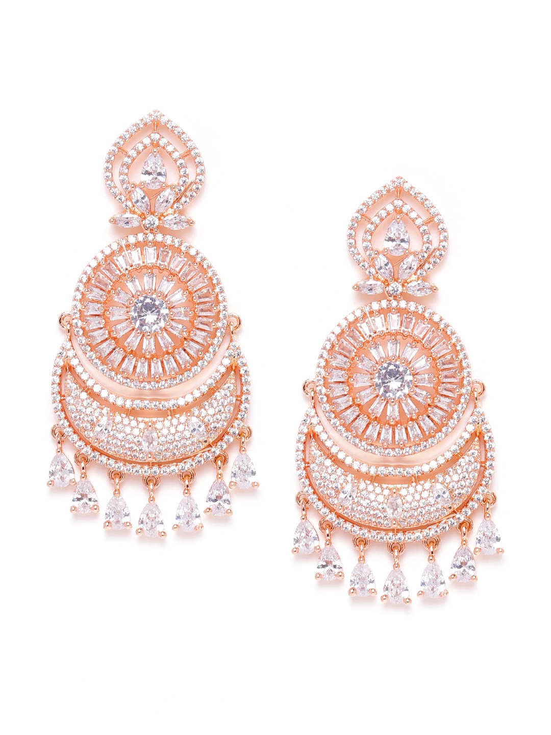 

JEWELS GEHNA Rose Gold-Plated Handcrafted CZ-Studded Crescent-Shaped Chandbalis