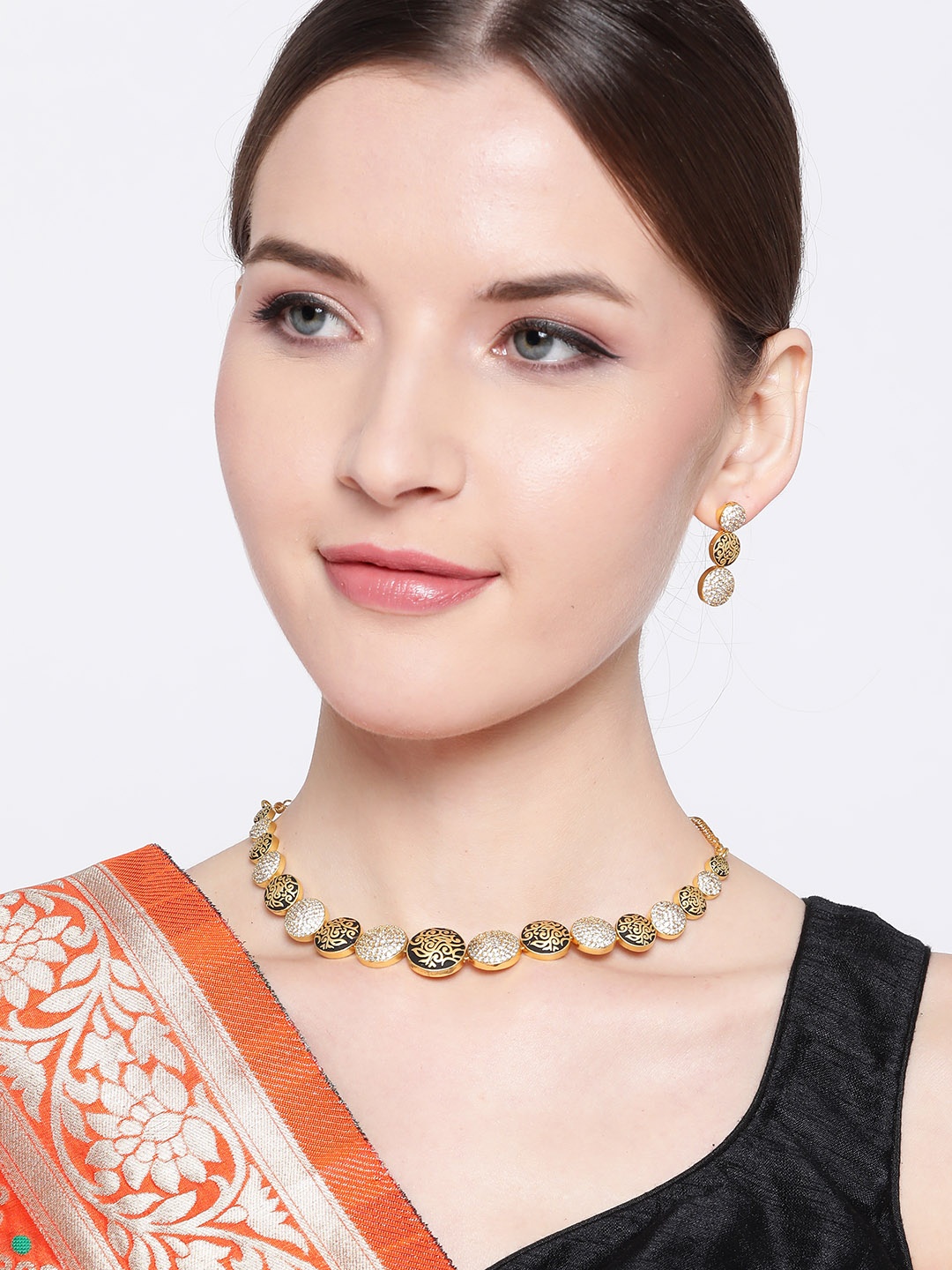 

JEWELS GEHNA Black Gold-Plated AD-Studded Handcrafted Jewellery Set