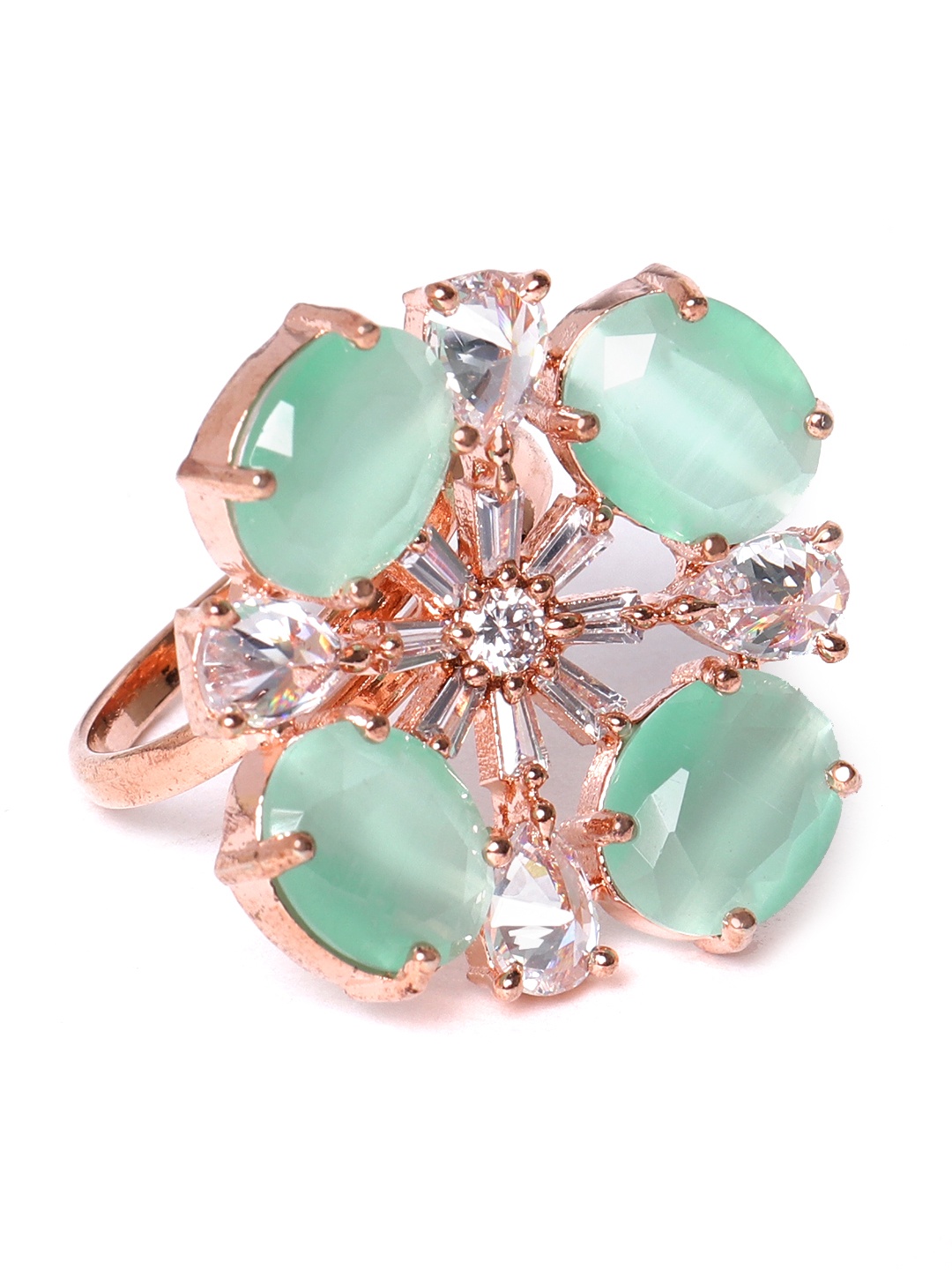 

JEWELS GEHNA Green Rose Gold-Plated CZ Stone-Studded Handcrafted Adjustable Finger Ring