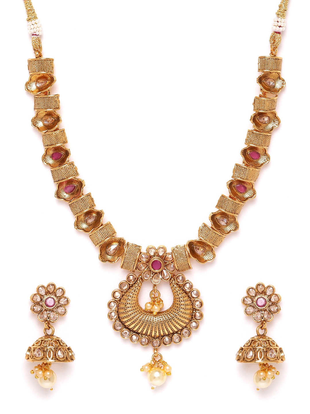 

JEWELS GEHNA Magenta Antique Gold-Plated CZ-Studded & Beaded Handcrafted Jewellery Set