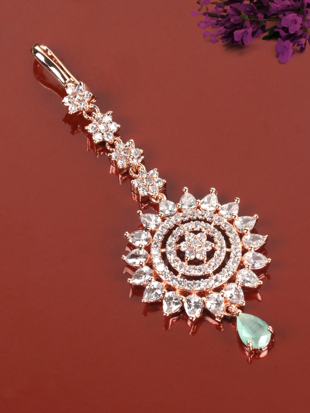 

JEWELS GEHNA Sea Green Rose Gold-Plated CZ Stone-Studded Handcrafted Maang Tika