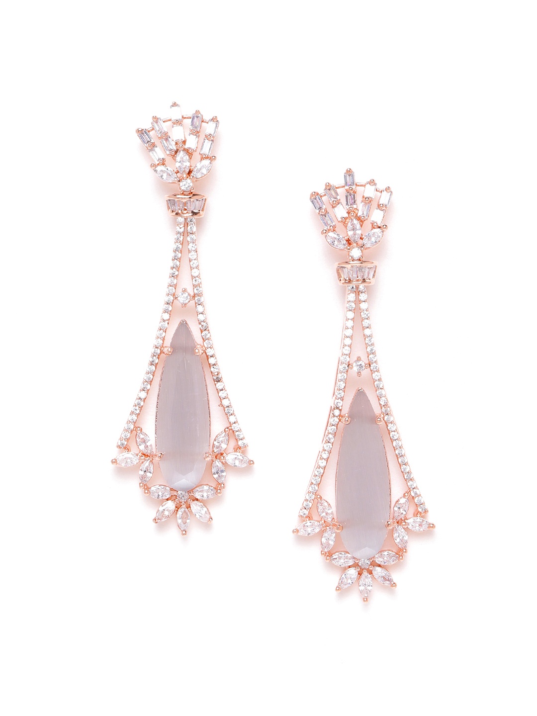 

JEWELS GEHNA Grey Rose Gold-Plated AD-Studded Handcrafted Teardrop-Shaped Drop Earrings