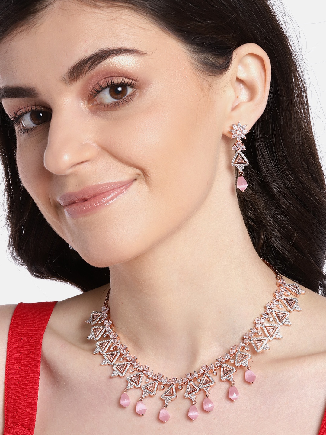 

JEWELS GEHNA Pink Rose Gold-Plated AD-Studded Handcrafted Geometric Jewellery Set