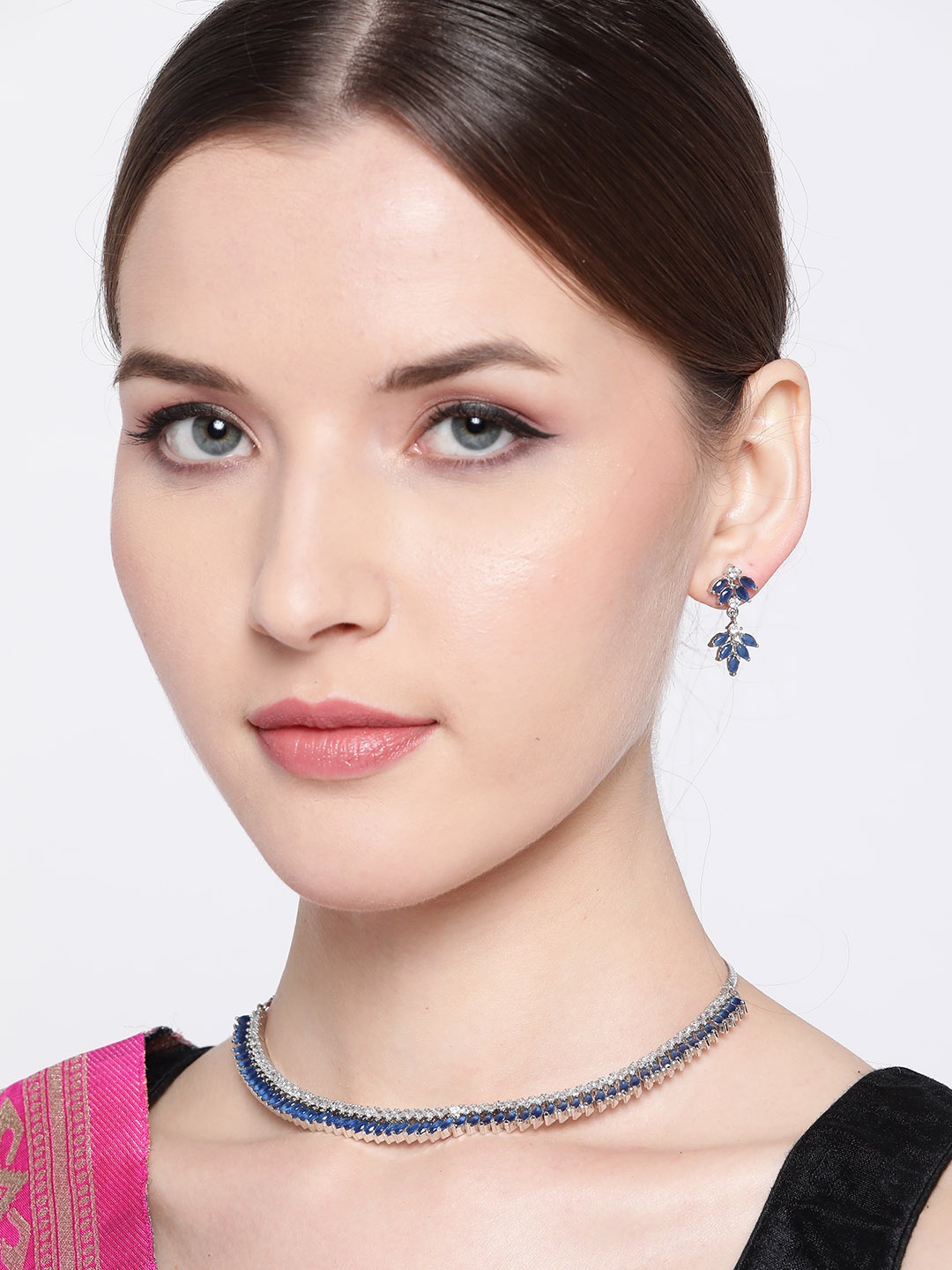 

JEWELS GEHNA Blue Rhodium-Plated AD-Studded Handcrafted Jewellery Set, Silver