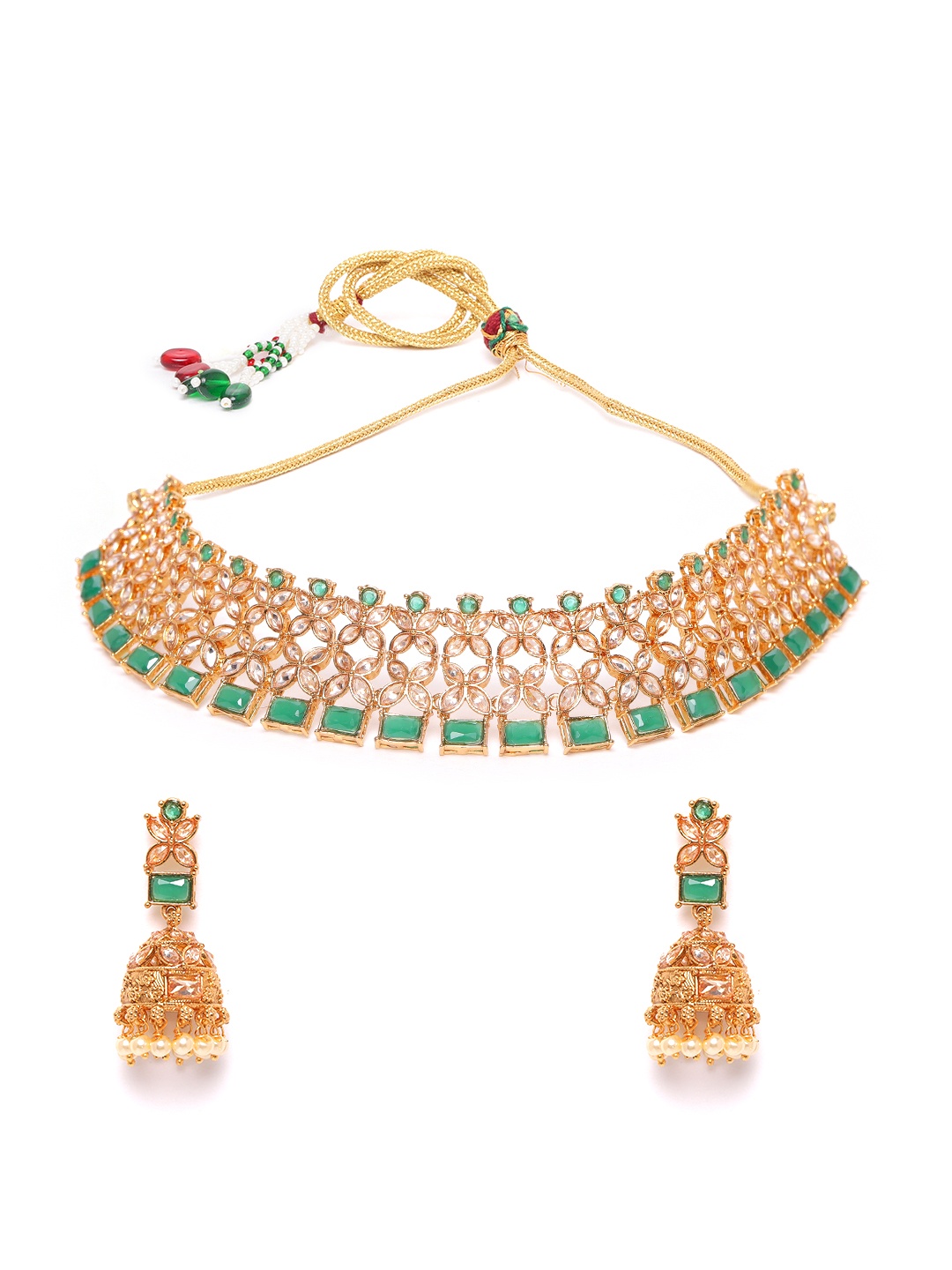 

JEWELS GEHNA Green Gold-Plated Stone-Studded Handcrafted Choker Jewellery Set