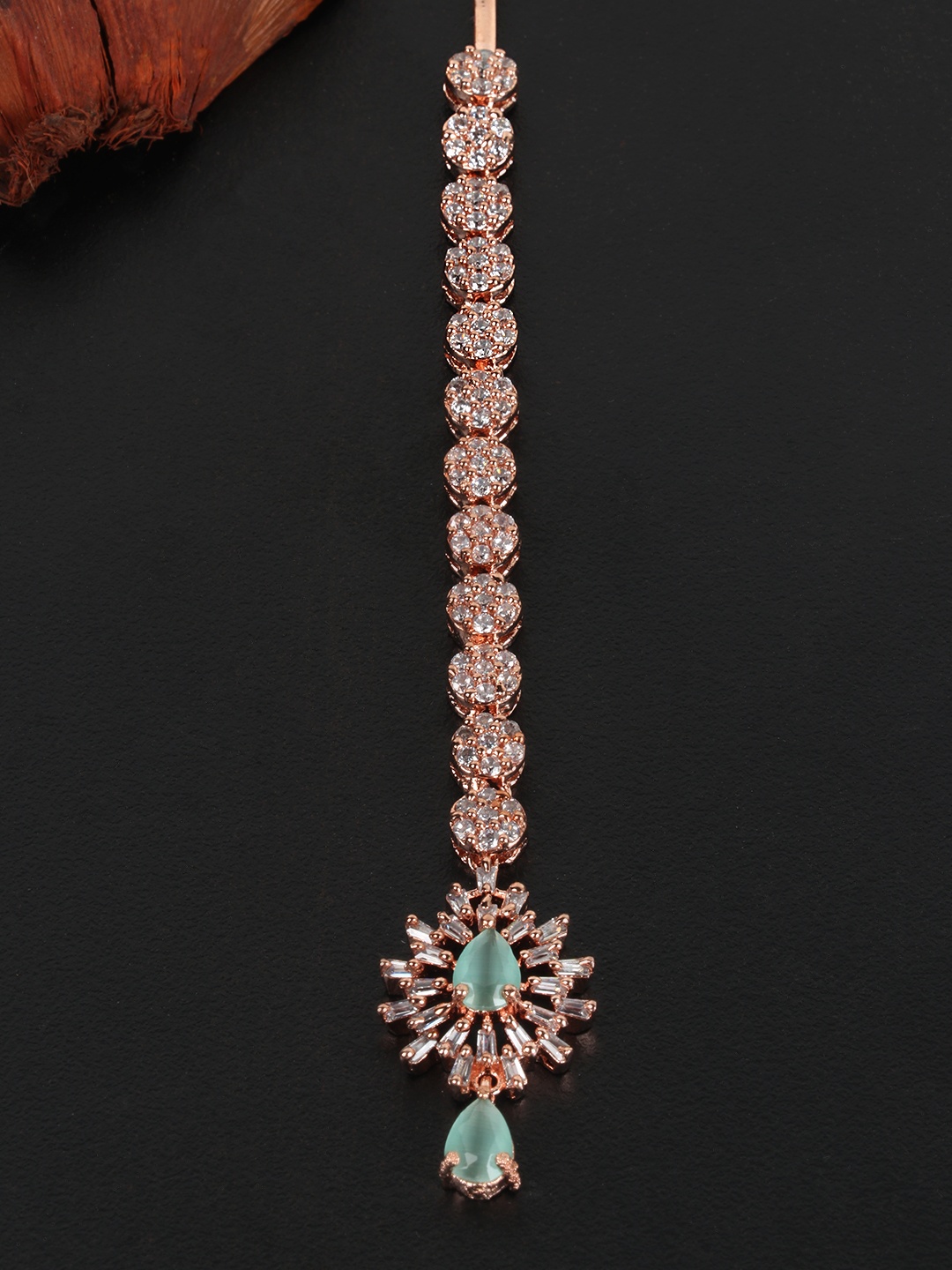 

JEWELS GEHNA Sea Green Rose Gold-Plated CZ Stone-Studded Handcrafted Maang Tika