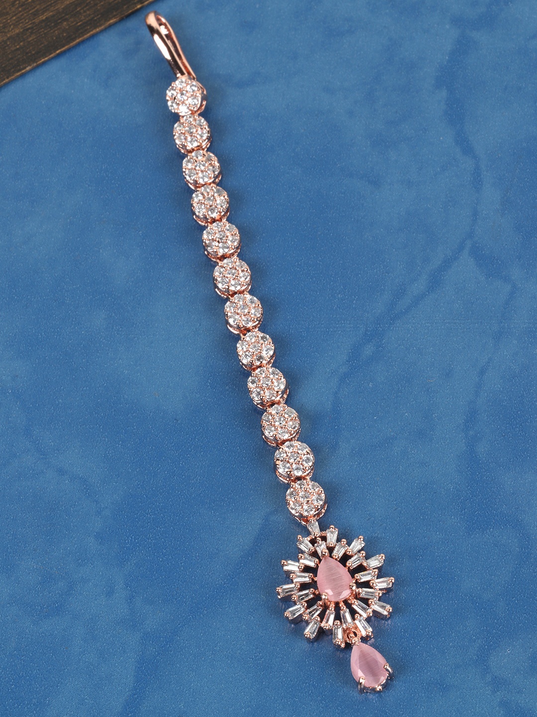 

JEWELS GEHNA Pink Rose Gold-Plated CZ Stone-Studded Handcrafted Maang Tika