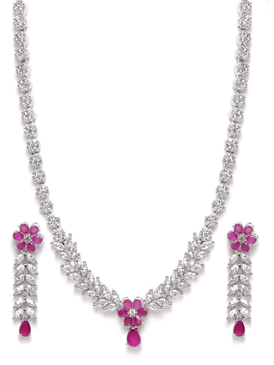 

JEWELS GEHNA Pink Rhodium-Plated AD-Studded Handcrafted Jewellery Set, Silver