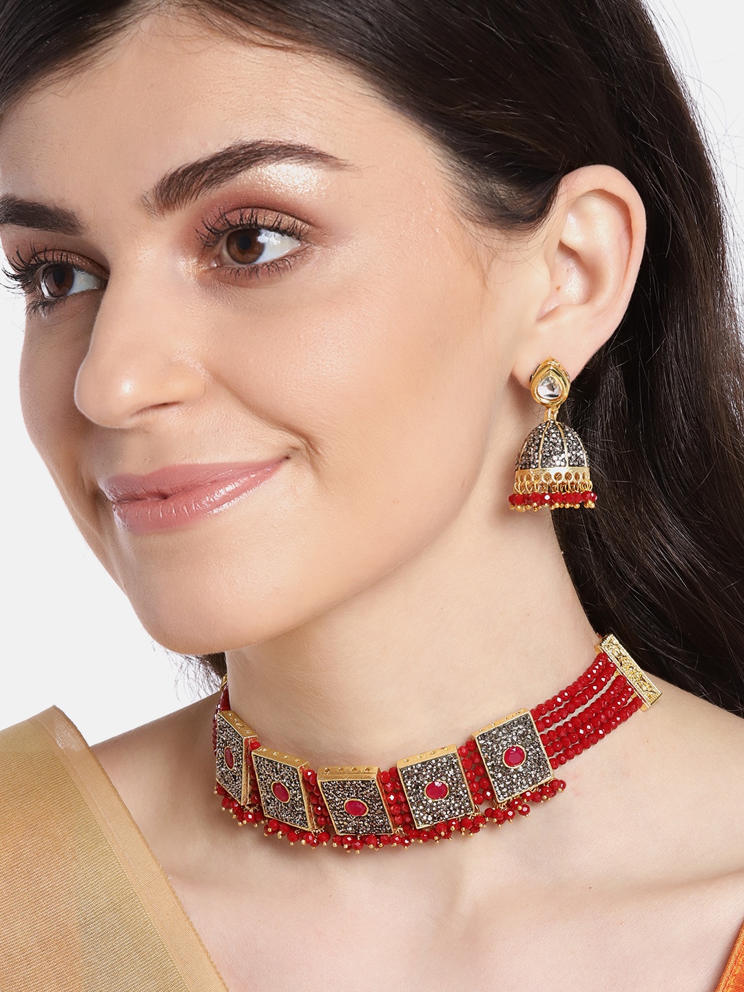 

JEWELS GEHNA Red & Gunmetal-Toned Gold-Plated Stone-Studded Handcrafted Jewellery Set