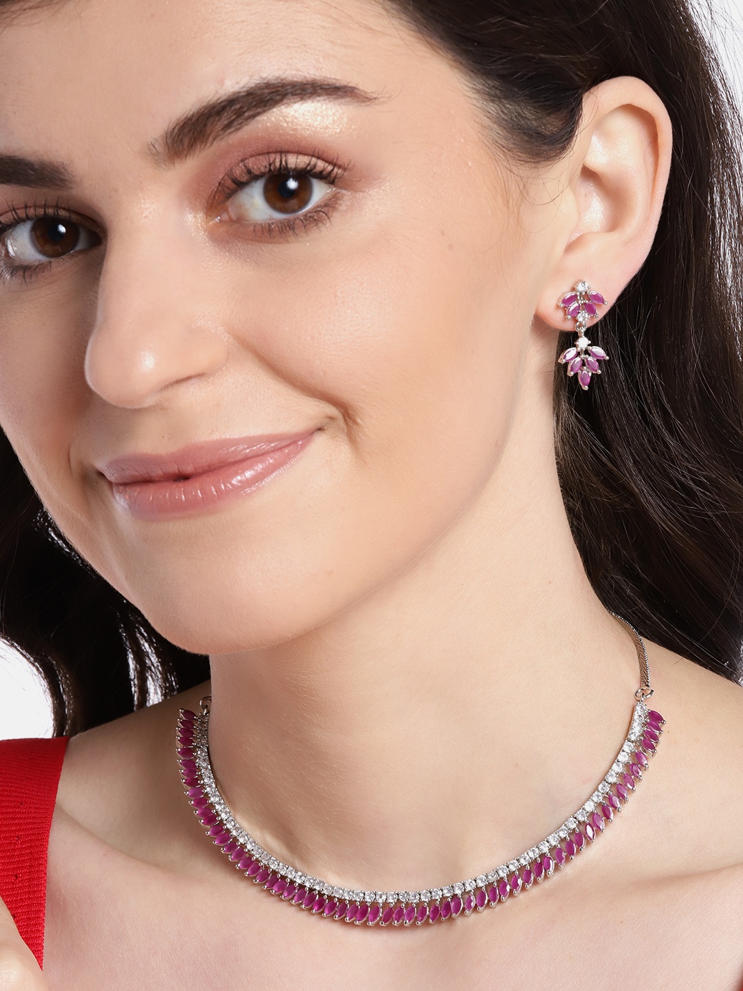 

JEWELS GEHNA Magenta Rhodium-Plated Artificial Stone-Studded Handcrafted Jewellery Set, Silver