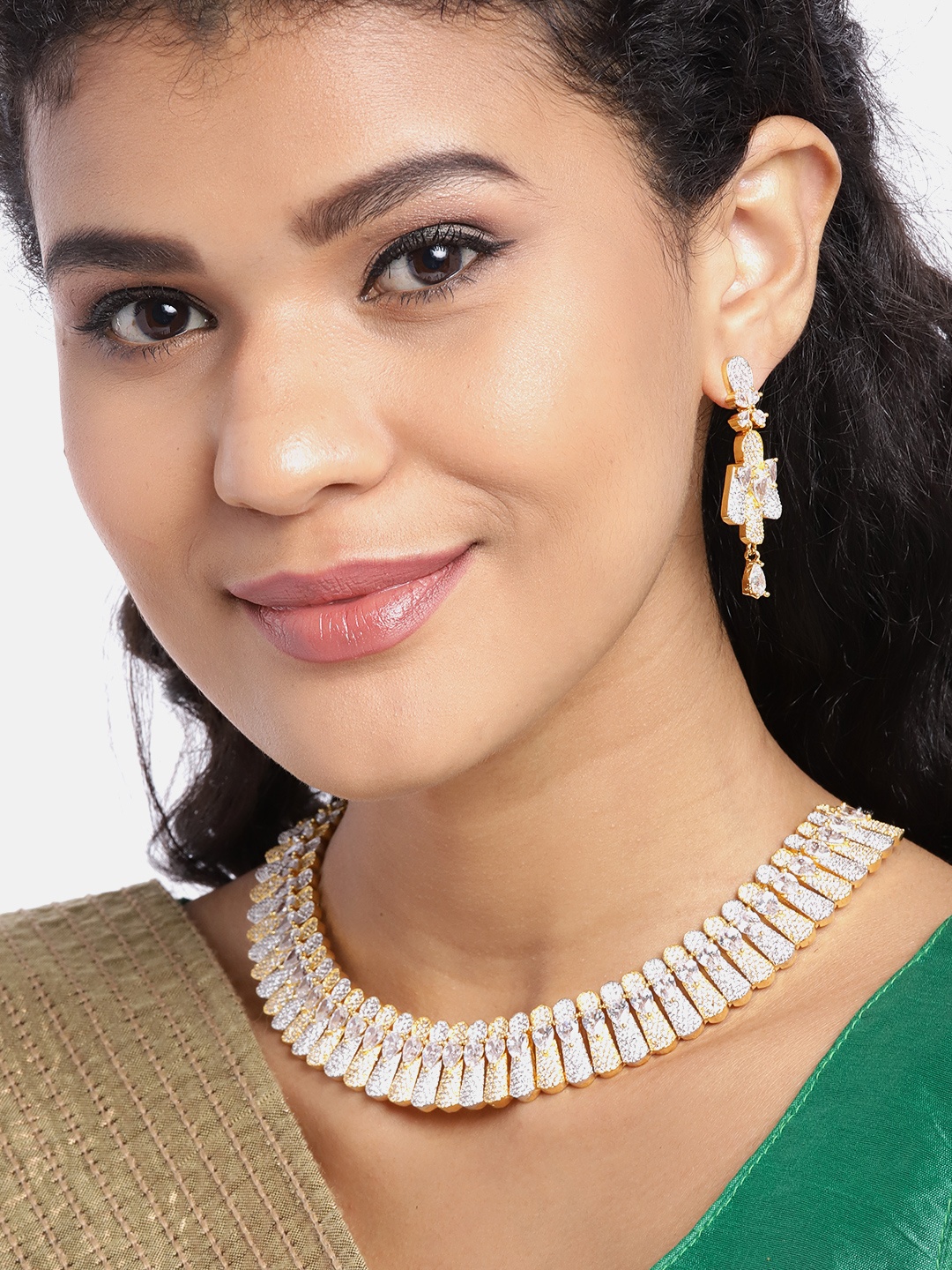 

JEWELS GEHNA Silver-Toned Gold-Plated AD-Studded Handcrafted Jewellery Set